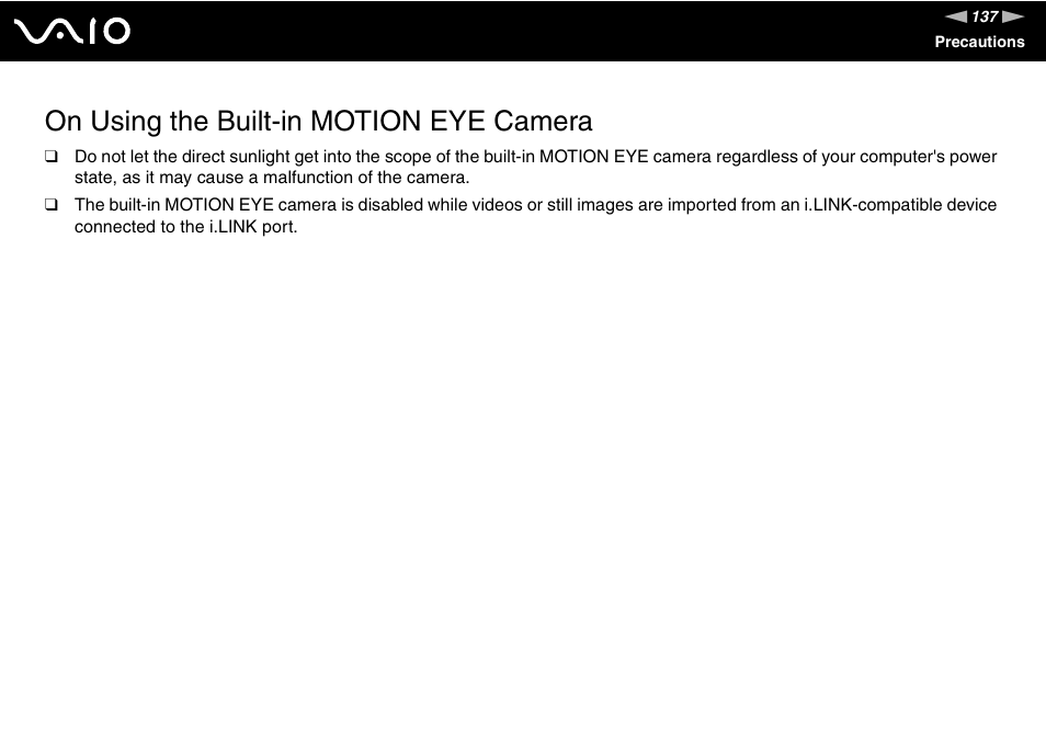 On using the built-in motion eye camera | Sony VGN-UX380N User Manual | Page 137 / 201