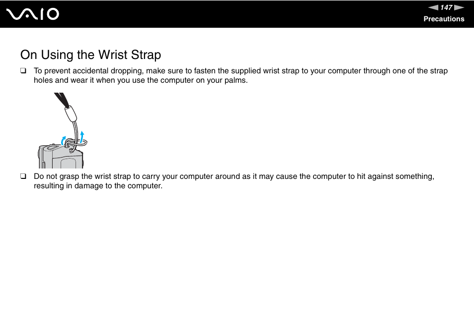 On using the wrist strap | Sony VGN-UX380N User Manual | Page 147 / 201