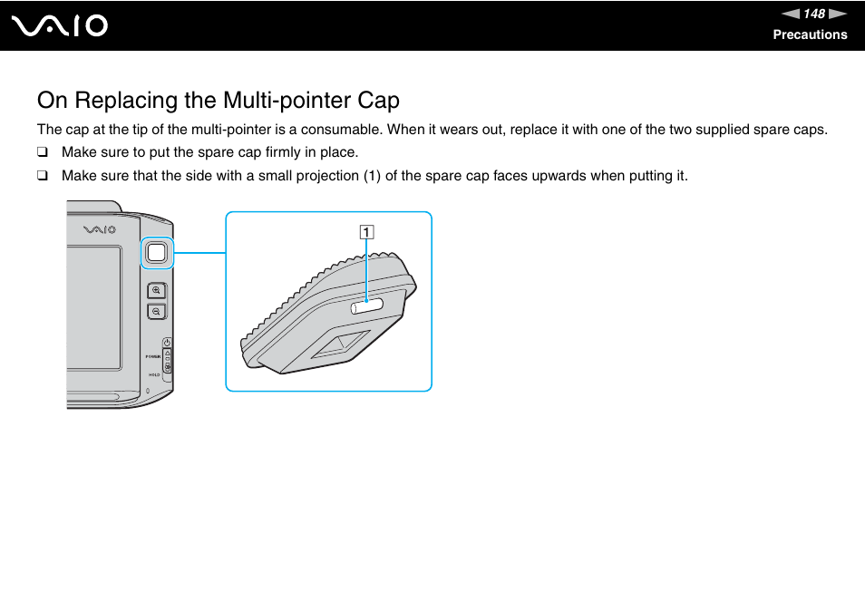 On replacing the multi-pointer cap | Sony VGN-UX380N User Manual | Page 148 / 201