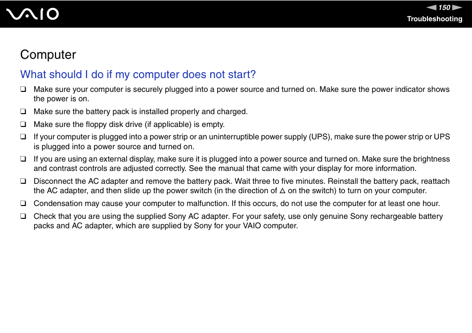 Computer, What should i do if my computer does not start | Sony VGN-UX380N User Manual | Page 150 / 201