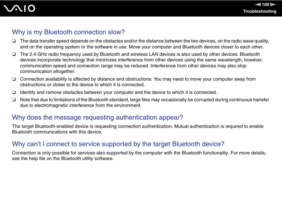 Why is my bluetooth connection slow | Sony VGN-UX380N User Manual | Page 168 / 201