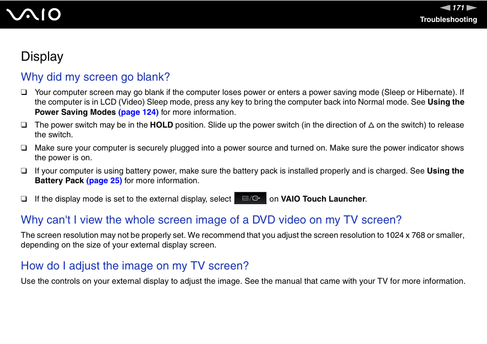 Display, Why did my screen go blank, How do i adjust the image on my tv screen | Sony VGN-UX380N User Manual | Page 171 / 201