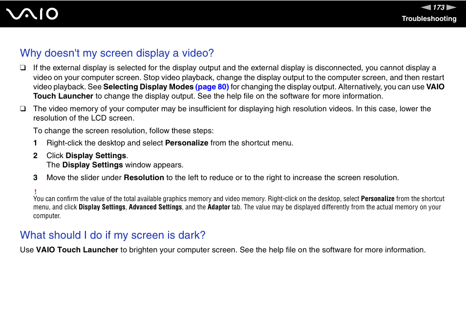 Why doesn't my screen display a video, What should i do if my screen is dark | Sony VGN-UX380N User Manual | Page 173 / 201