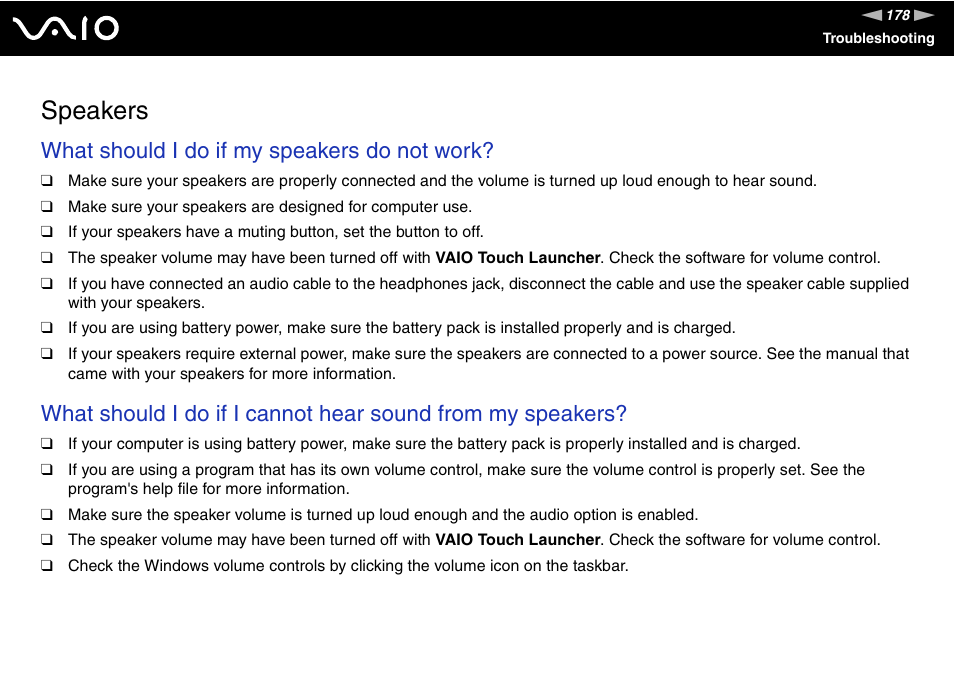 Speakers, What should i do if my speakers do not work | Sony VGN-UX380N User Manual | Page 178 / 201