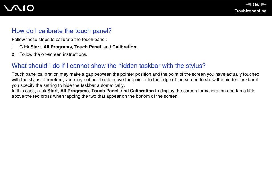 How do i calibrate the touch panel | Sony VGN-UX380N User Manual | Page 180 / 201