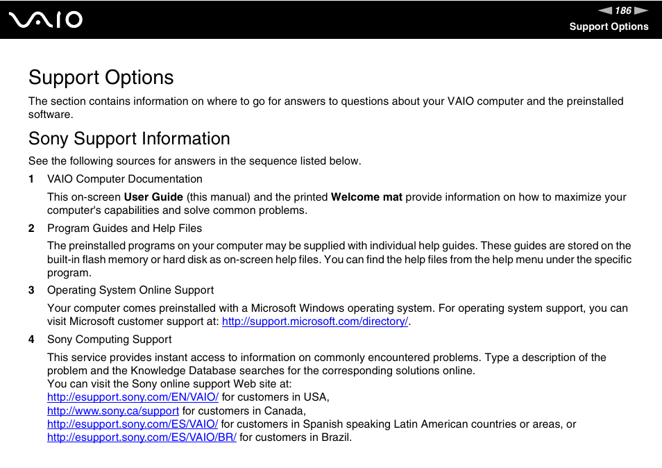 Support options, Sony support information | Sony VGN-UX380N User Manual | Page 186 / 201