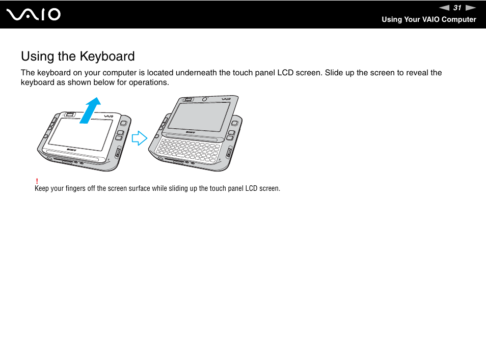 Using the keyboard | Sony VGN-UX380N User Manual | Page 31 / 201