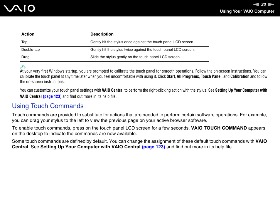 Using touch commands | Sony VGN-UX380N User Manual | Page 33 / 201