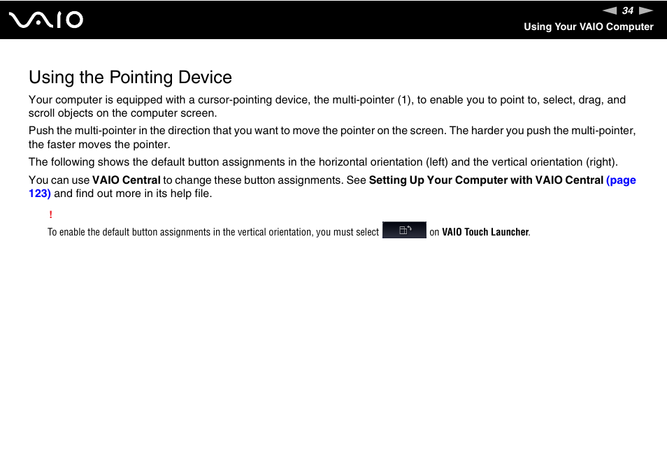 Using the pointing device | Sony VGN-UX380N User Manual | Page 34 / 201