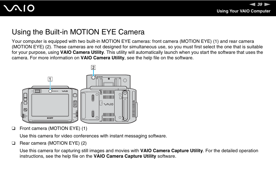 Using the built-in motion eye camera | Sony VGN-UX380N User Manual | Page 39 / 201