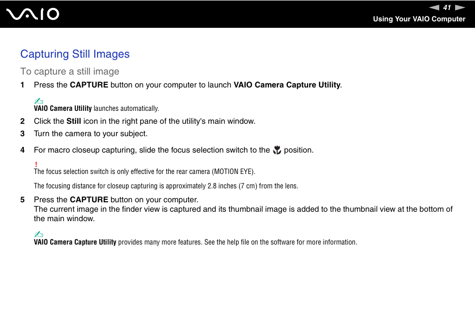 Capturing still images | Sony VGN-UX380N User Manual | Page 41 / 201