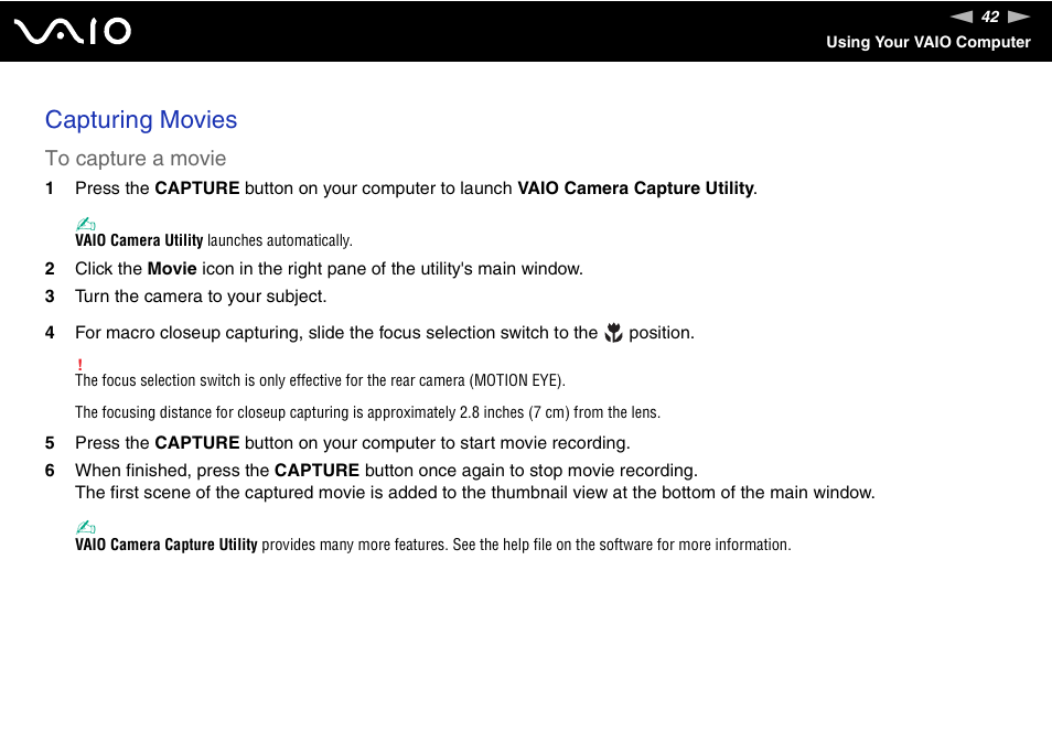 Capturing movies | Sony VGN-UX380N User Manual | Page 42 / 201