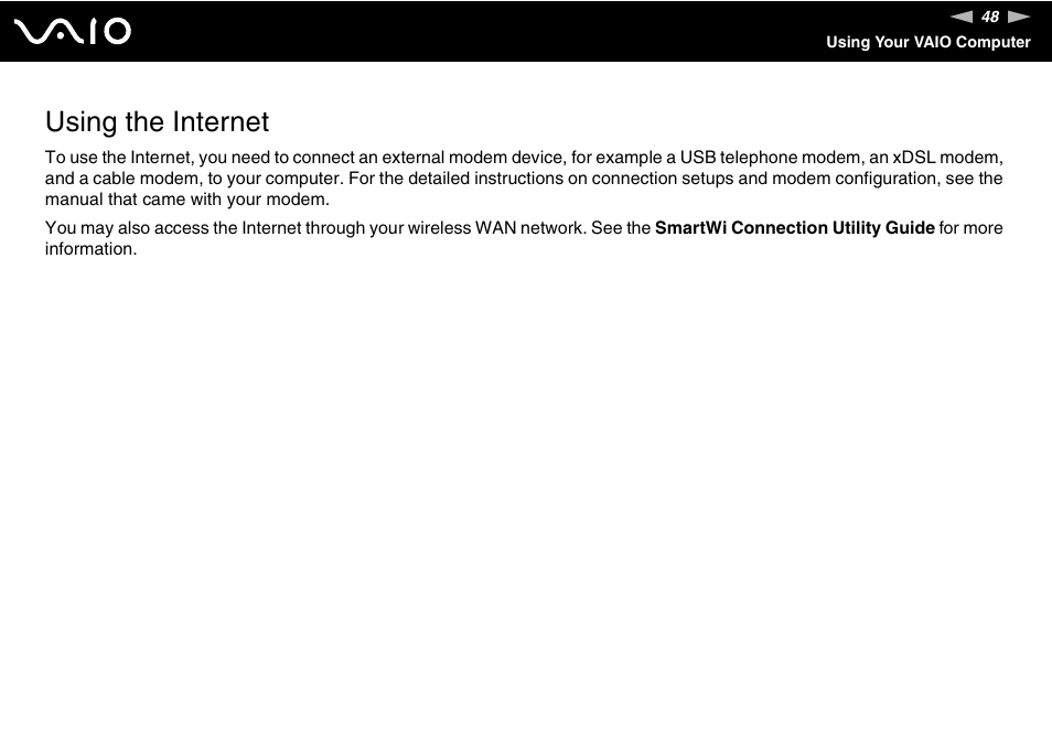 Using the internet | Sony VGN-UX380N User Manual | Page 48 / 201