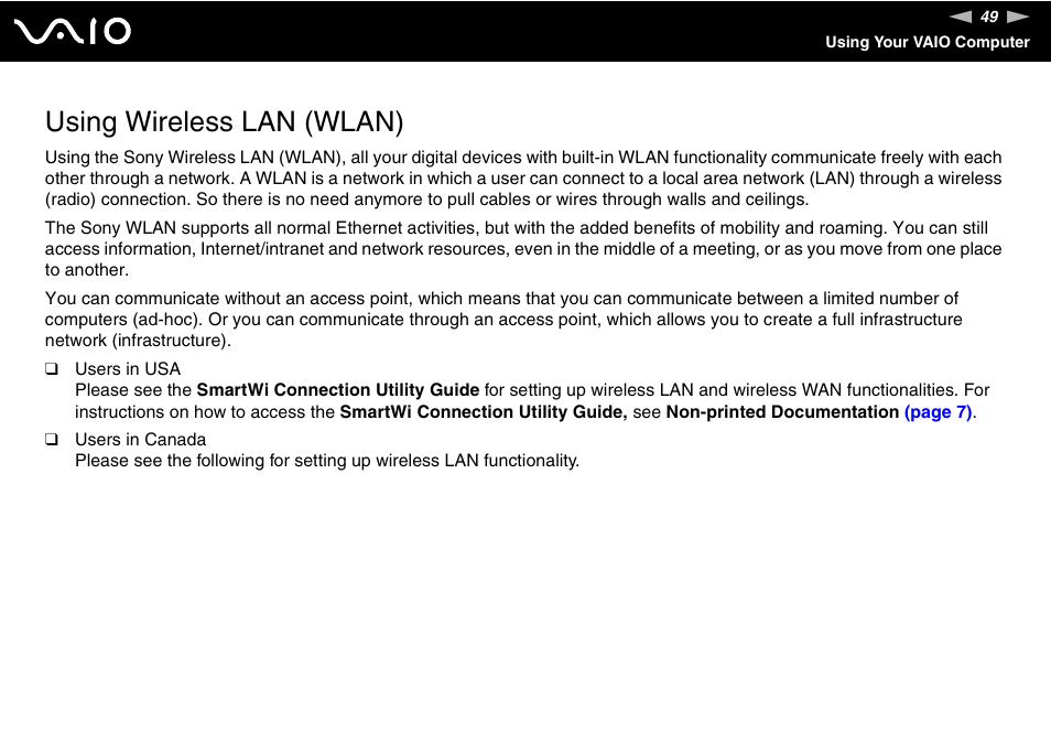 Using wireless lan (wlan) | Sony VGN-UX380N User Manual | Page 49 / 201