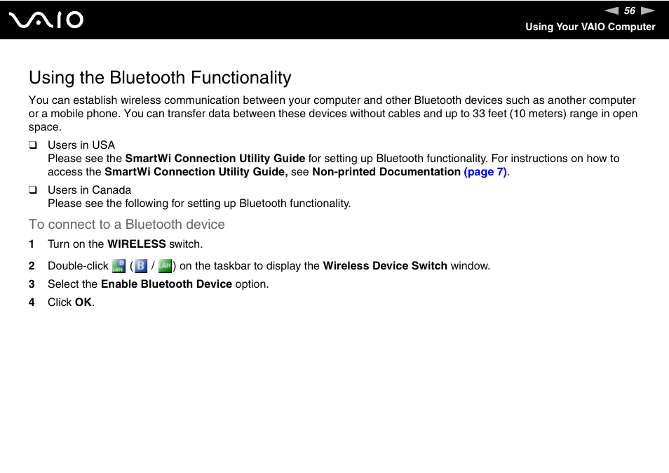 Using the bluetooth functionality | Sony VGN-UX380N User Manual | Page 56 / 201