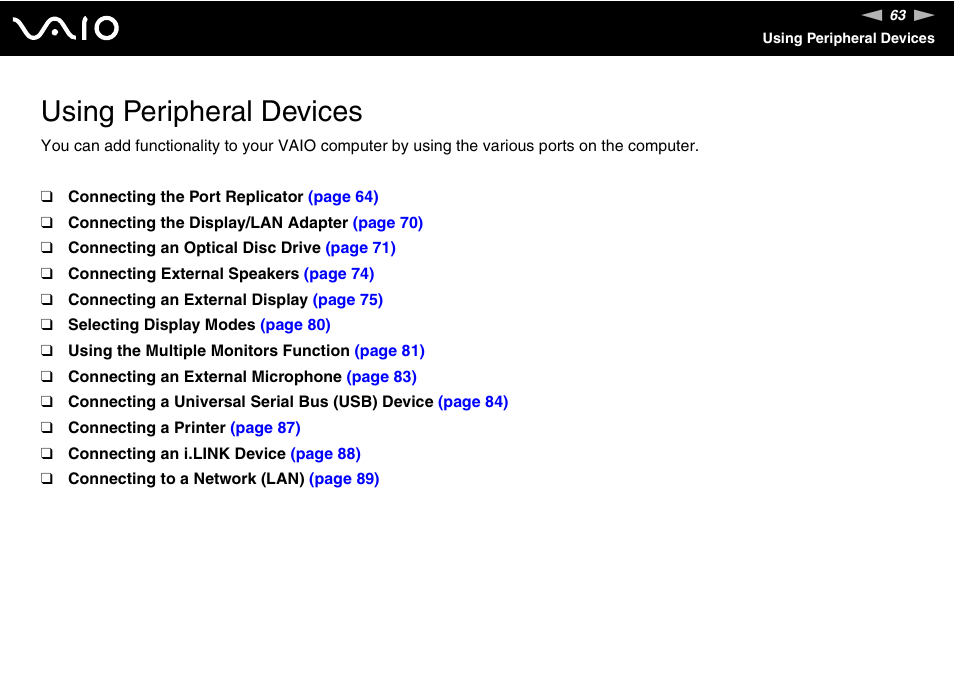 Using peripheral devices | Sony VGN-UX380N User Manual | Page 63 / 201