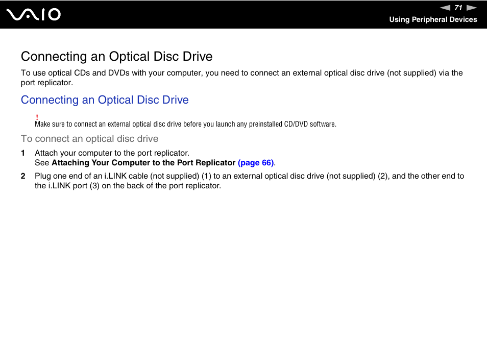 Connecting an optical disc drive | Sony VGN-UX380N User Manual | Page 71 / 201