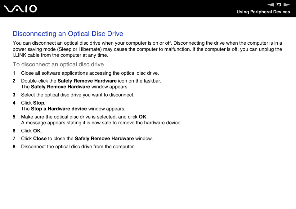 Disconnecting an optical disc drive | Sony VGN-UX380N User Manual | Page 73 / 201