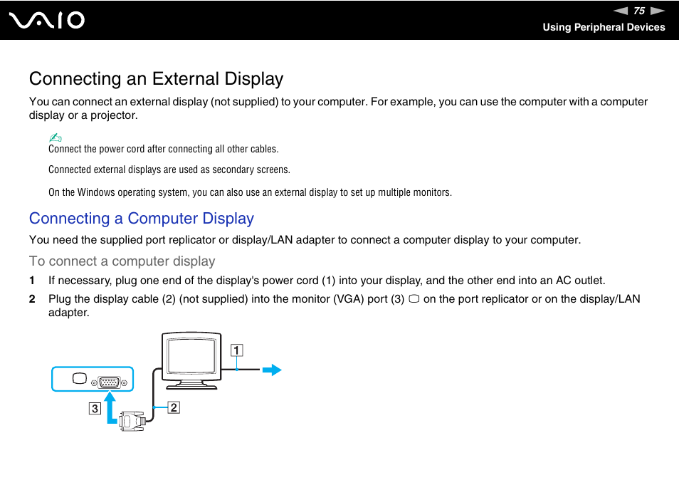 Connecting an external display, Connecting a computer display | Sony VGN-UX380N User Manual | Page 75 / 201