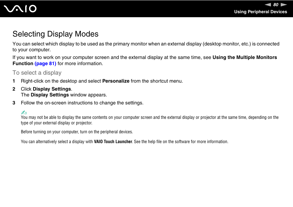 Selecting display modes | Sony VGN-UX380N User Manual | Page 80 / 201