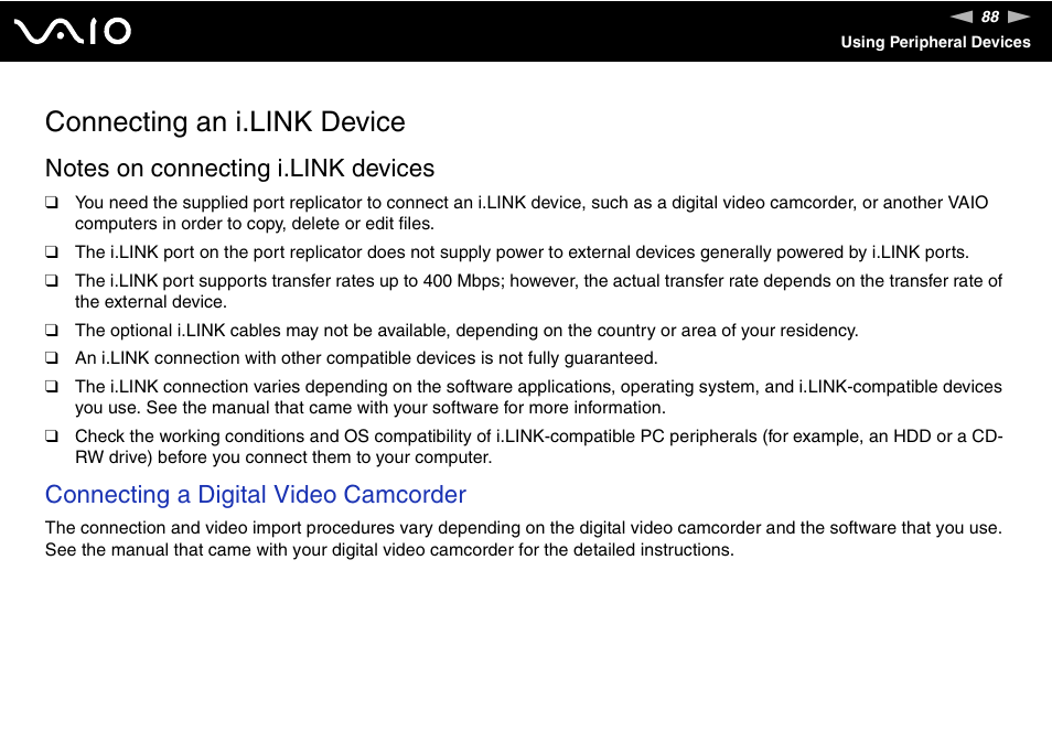 Connecting an i.link device, Connecting a digital video camcorder | Sony VGN-UX380N User Manual | Page 88 / 201