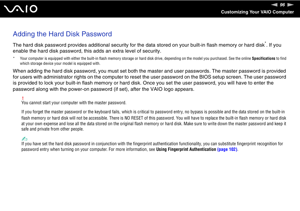 Adding the hard disk password | Sony VGN-UX380N User Manual | Page 96 / 201