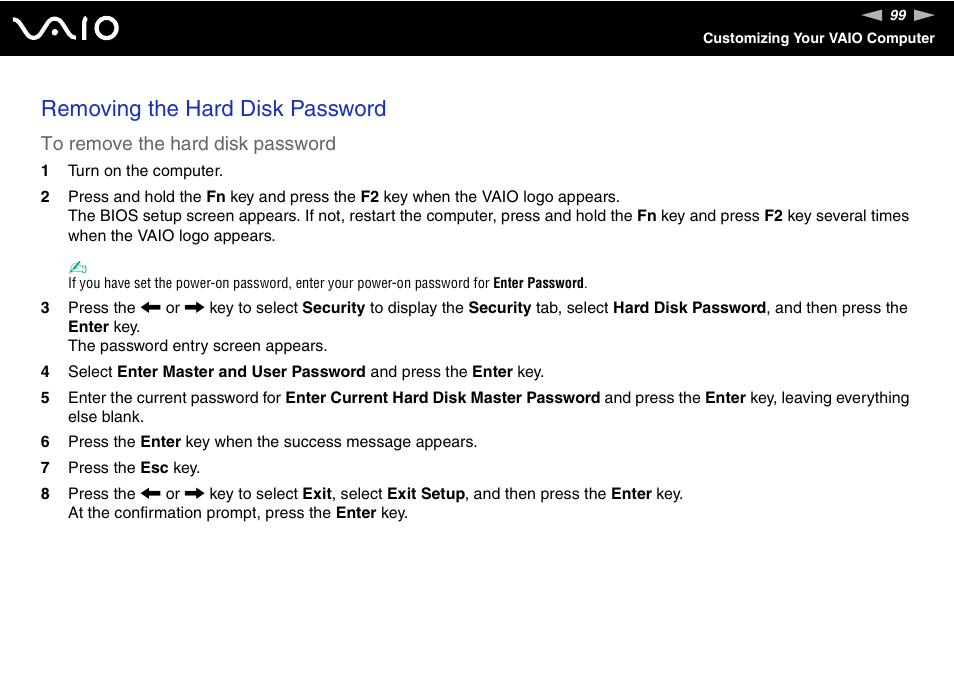 Removing the hard disk password | Sony VGN-UX380N User Manual | Page 99 / 201