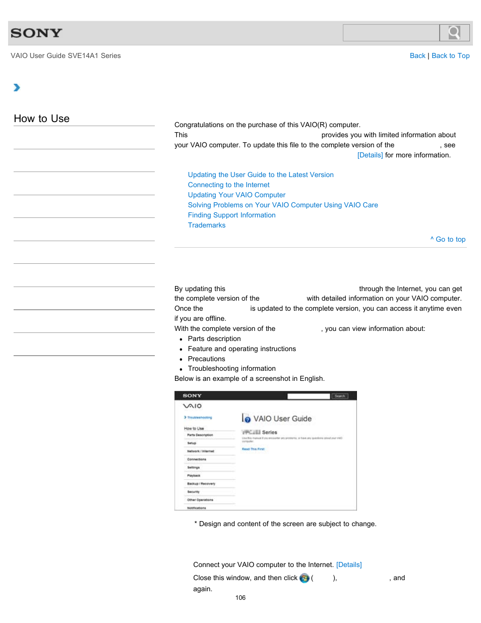 Version, Details, How to use | Welcome, Updating the user guide to the latest version | Sony SVE14A1HFXBC User Manual | Page 106 / 373