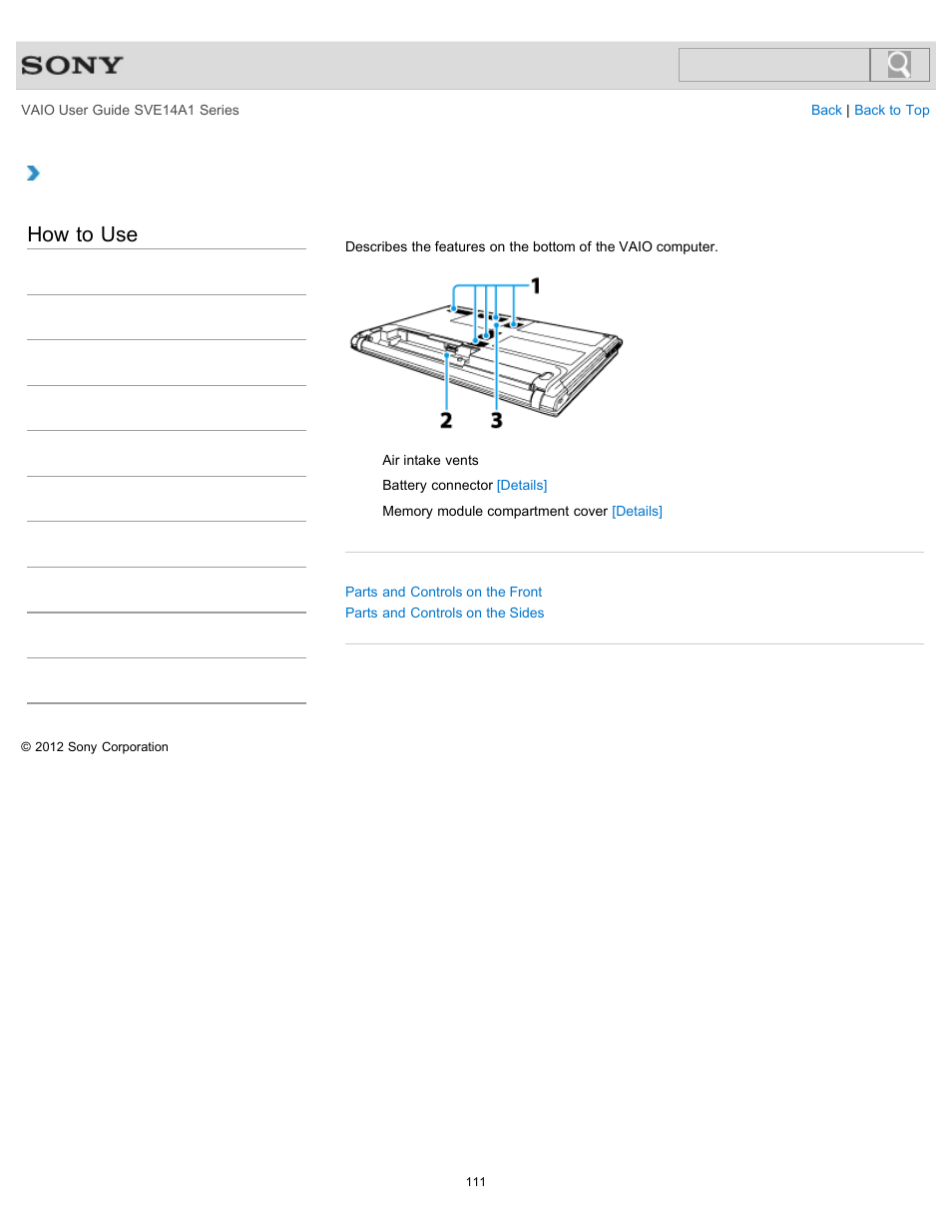 Parts and controls on the bottom, How to use | Sony SVE14A1HFXBC User Manual | Page 111 / 373