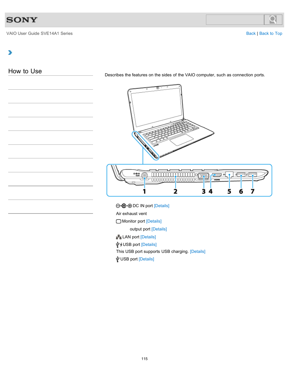 Parts and controls on the sides, How to use | Sony SVE14A1HFXBC User Manual | Page 115 / 373