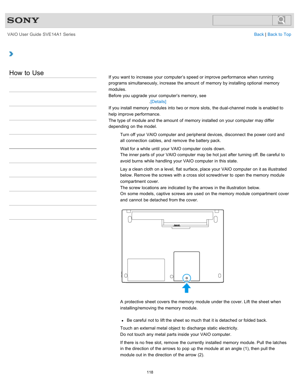 Adding and removing memory modules, Details, How to use | Sony SVE14A1HFXBC User Manual | Page 118 / 373