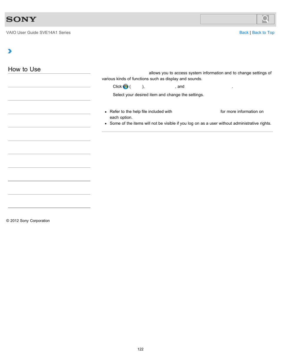 Customizing your vaio computer, How to use | Sony SVE14A1HFXBC User Manual | Page 122 / 373