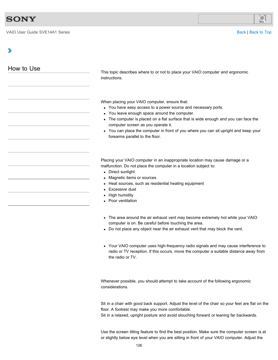 Setting up an appropriate work environment, How to use | Sony SVE14A1HFXBC User Manual | Page 126 / 373