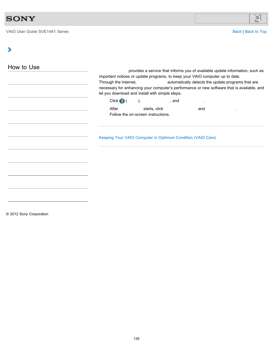 Using vaio update, How to use | Sony SVE14A1HFXBC User Manual | Page 129 / 373