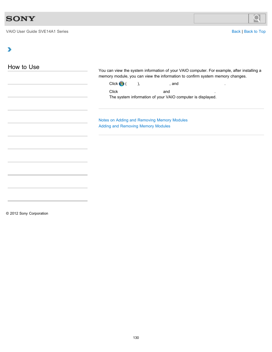 Viewing the system information, How to use | Sony SVE14A1HFXBC User Manual | Page 130 / 373