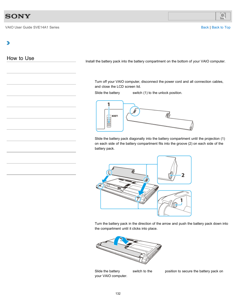 Installing/removing the battery pack, Details, How to use | Sony SVE14A1HFXBC User Manual | Page 132 / 373