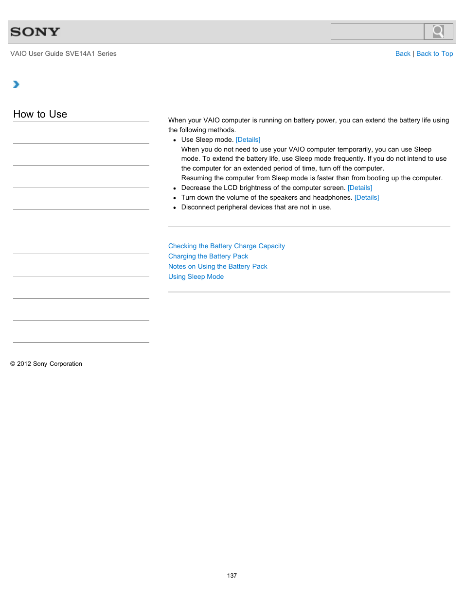 Extending the battery life, How to use | Sony SVE14A1HFXBC User Manual | Page 137 / 373