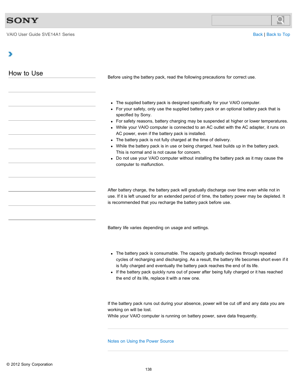 Notes on using the battery pack, How to use | Sony SVE14A1HFXBC User Manual | Page 138 / 373