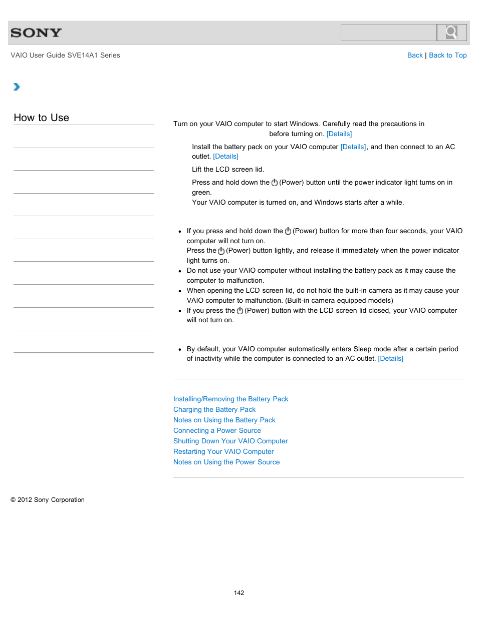 Turning on your vaio computer, How to use | Sony SVE14A1HFXBC User Manual | Page 142 / 373