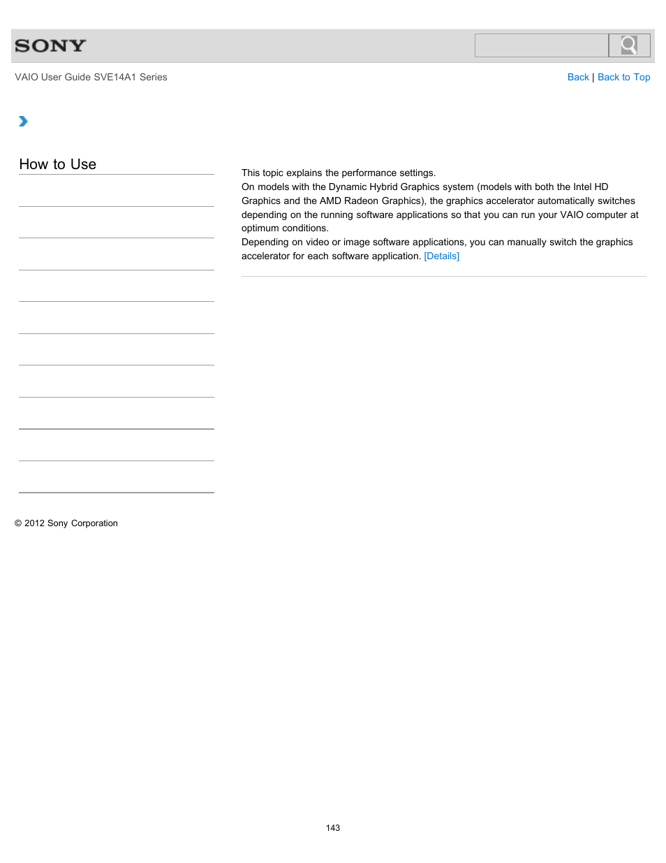 About the performance settings, How to use | Sony SVE14A1HFXBC User Manual | Page 143 / 373