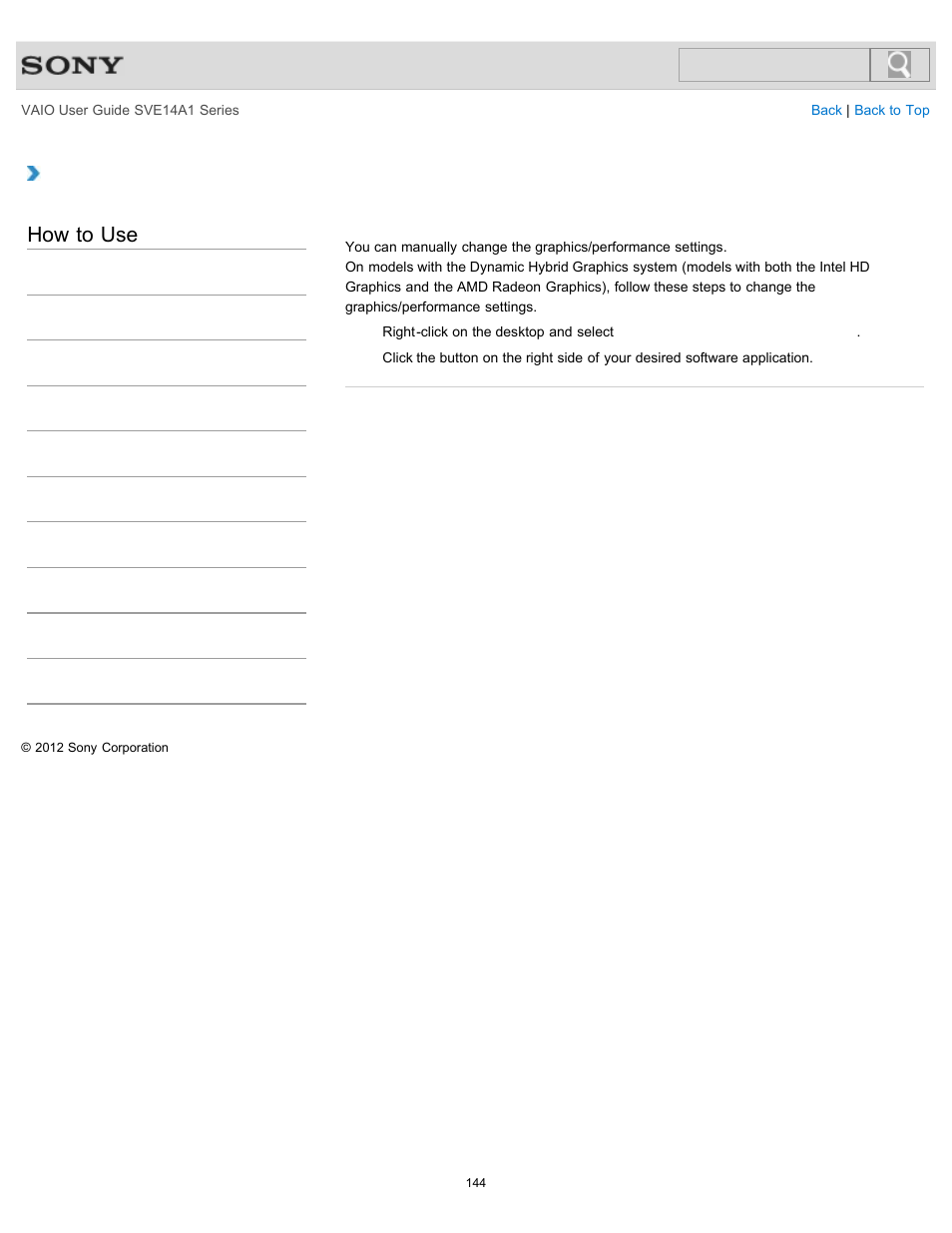Changing the graphics/performance settings, Details, How to use | Sony SVE14A1HFXBC User Manual | Page 144 / 373