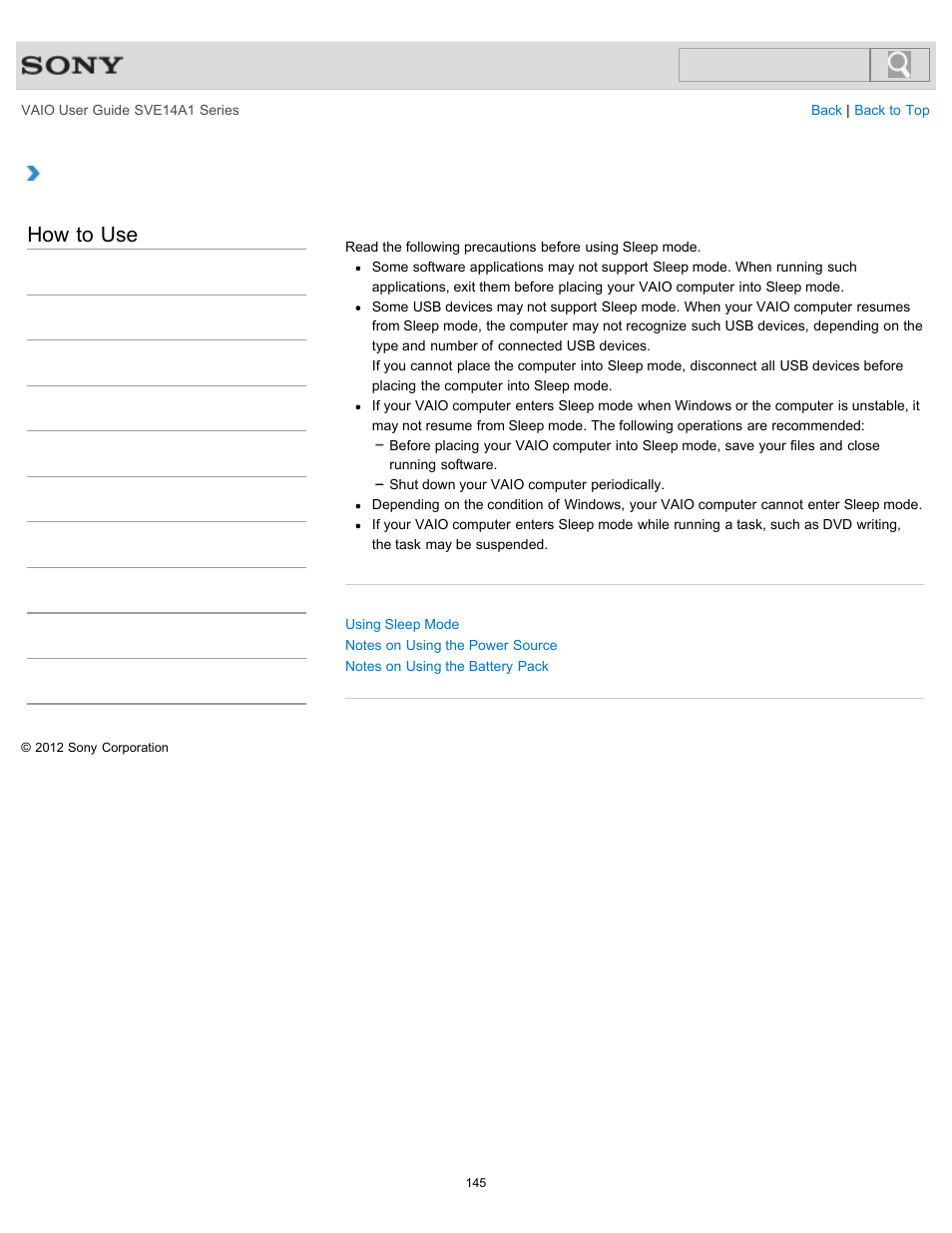 Notes on sleep mode, How to use | Sony SVE14A1HFXBC User Manual | Page 145 / 373