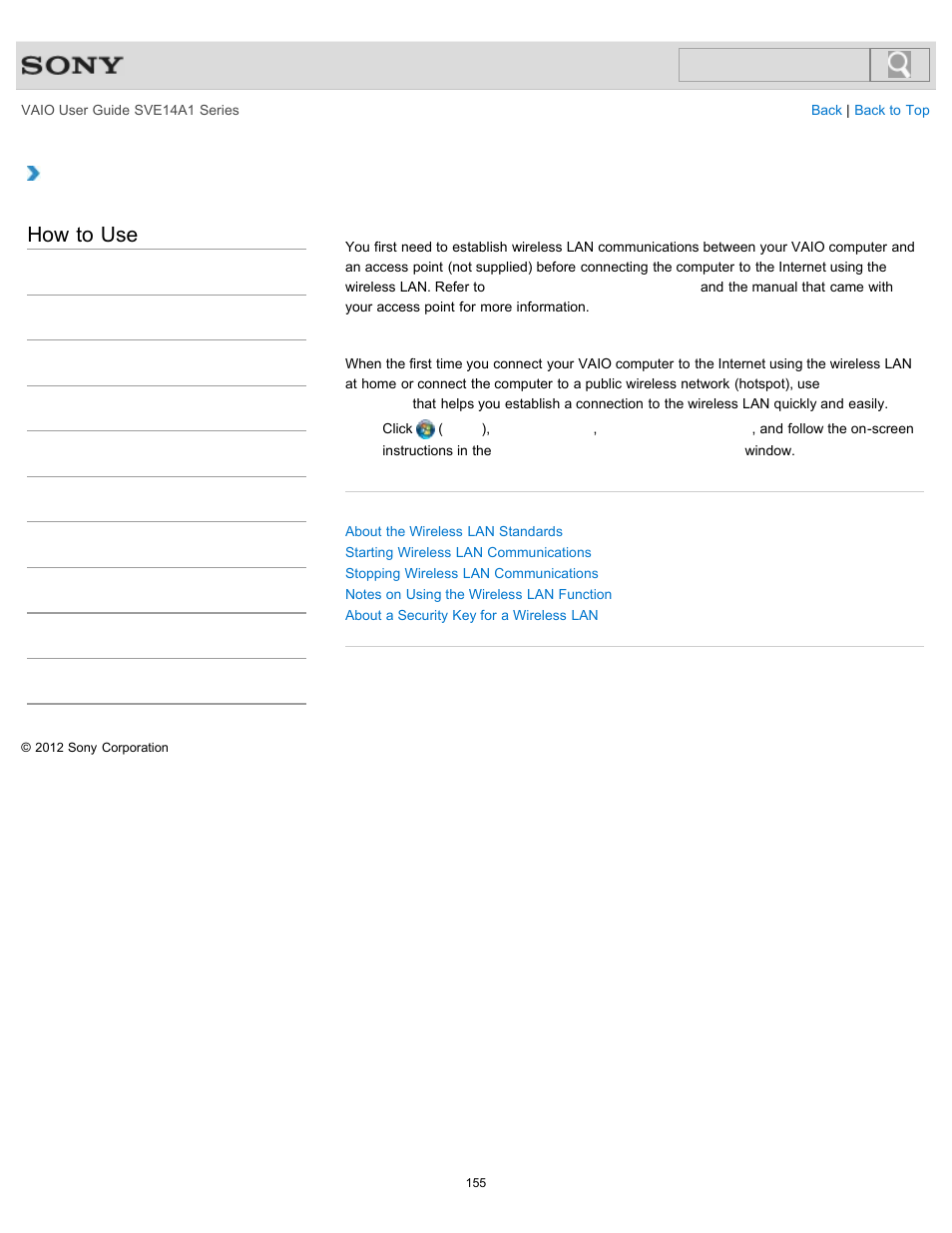 Before using the wireless lan, How to use | Sony SVE14A1HFXBC User Manual | Page 155 / 373