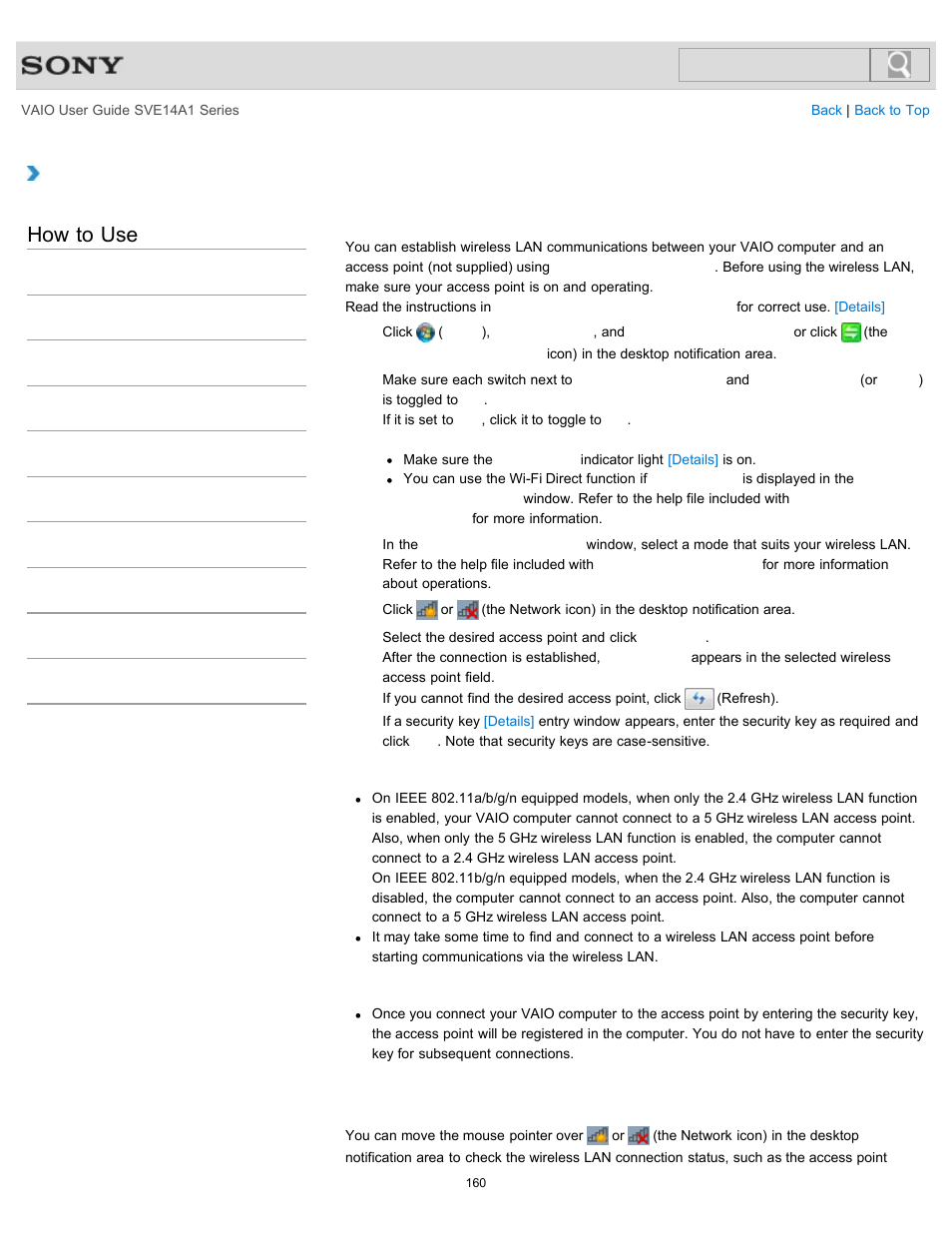 Starting wireless lan communications, How to use | Sony SVE14A1HFXBC User Manual | Page 160 / 373