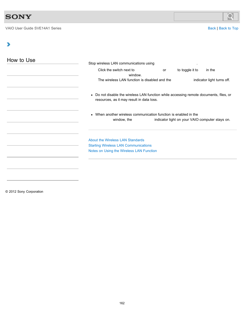 Stopping wireless lan communications, How to use | Sony SVE14A1HFXBC User Manual | Page 162 / 373