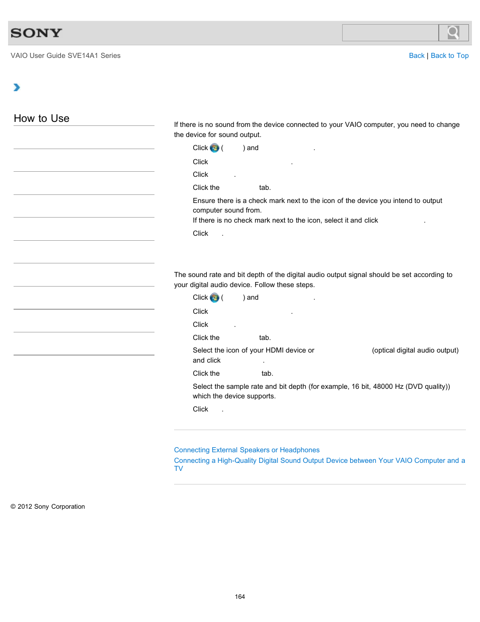 Changing the sound output device, How to use | Sony SVE14A1HFXBC User Manual | Page 164 / 373