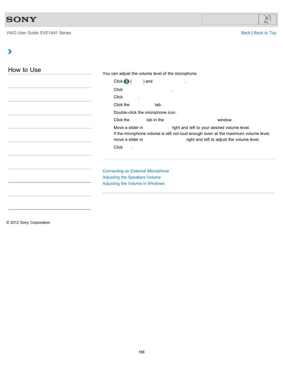 Adjusting the microphone volume, How to use | Sony SVE14A1HFXBC User Manual | Page 168 / 373