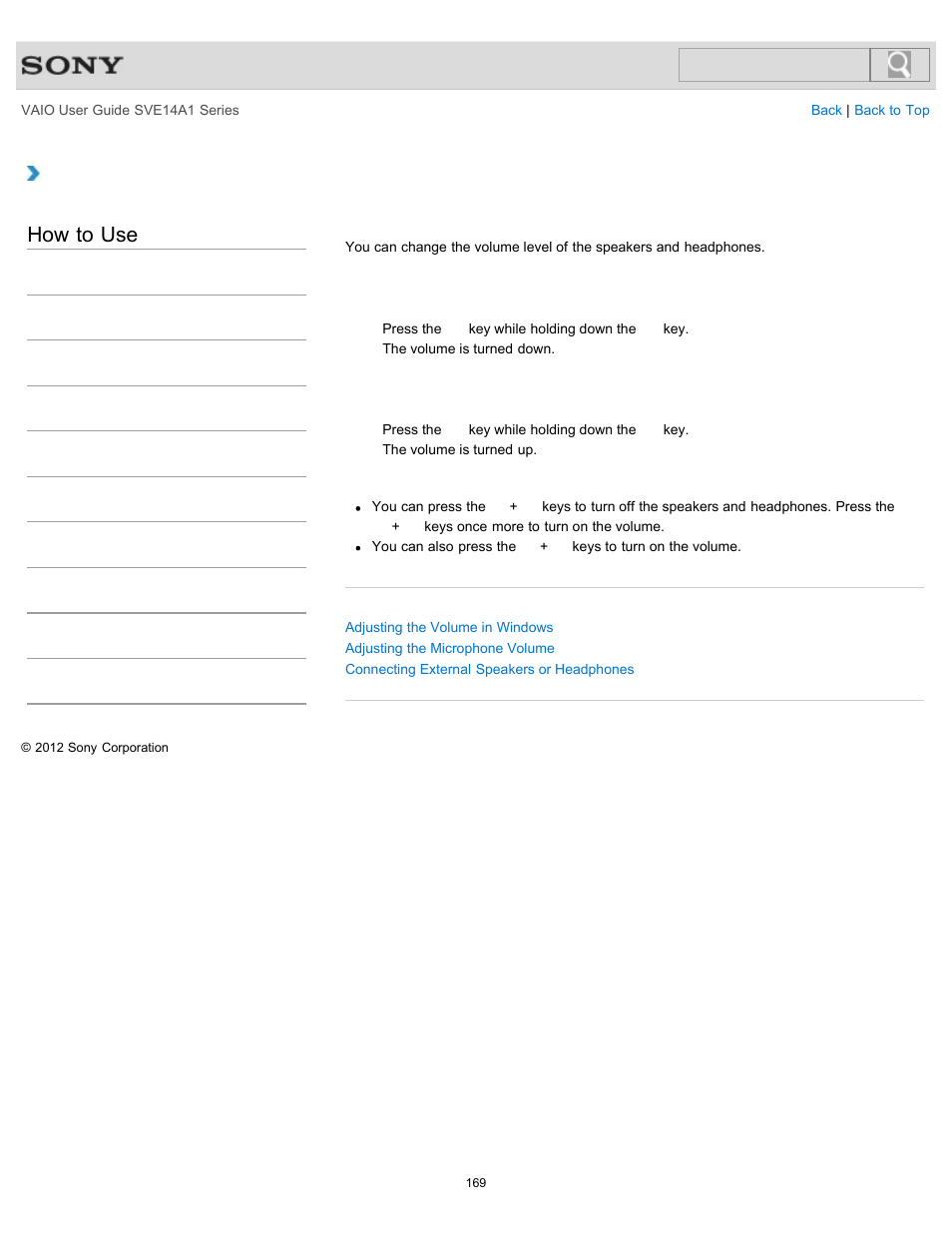 Adjusting the speakers volume, Details, How to use | Sony SVE14A1HFXBC User Manual | Page 169 / 373