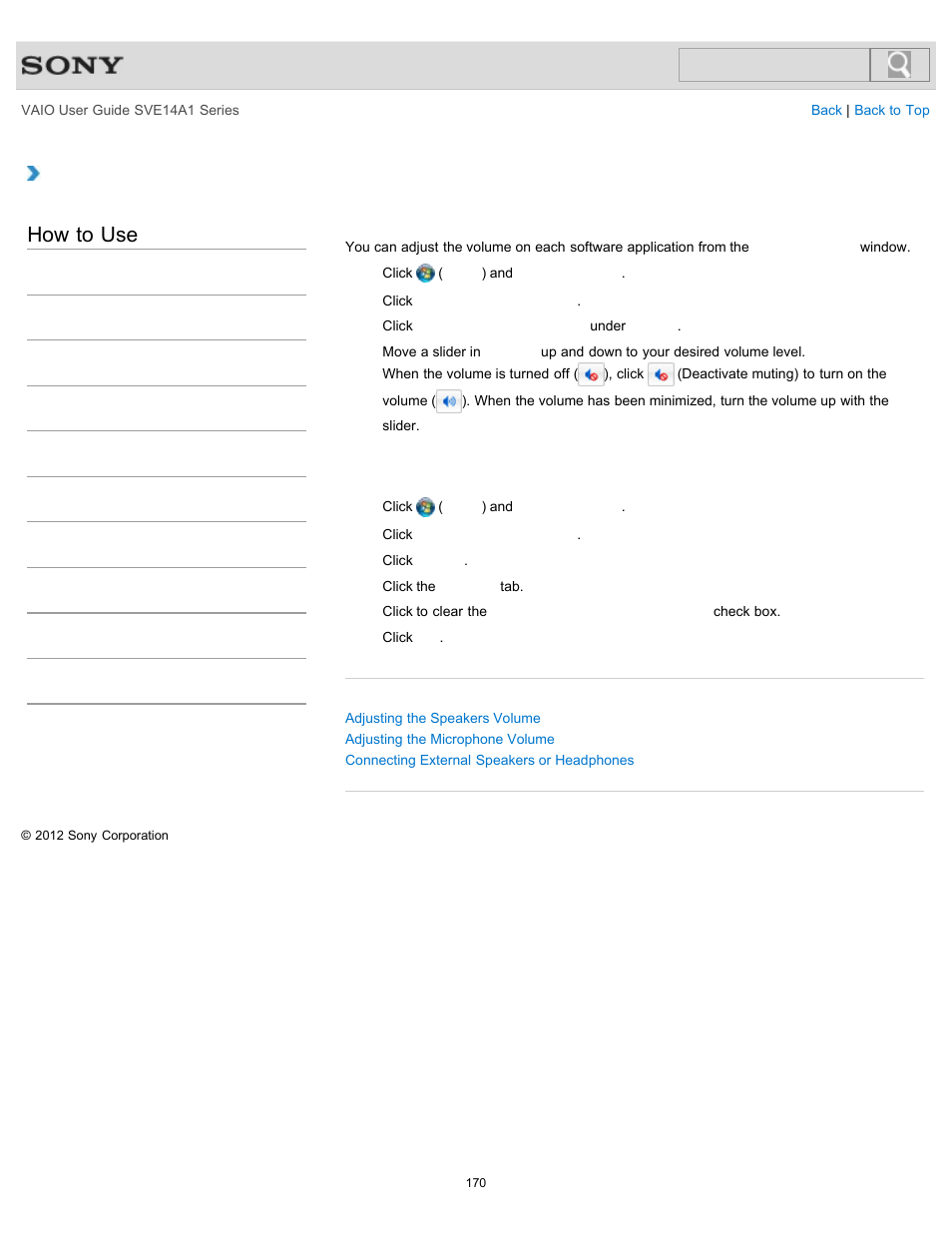 Adjusting the volume in windows, How to use | Sony SVE14A1HFXBC User Manual | Page 170 / 373