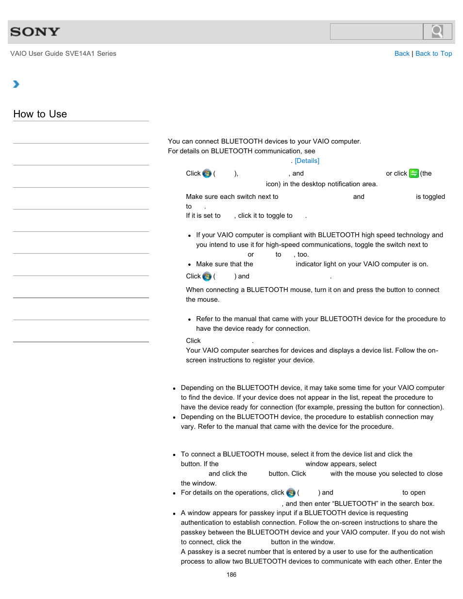 Mouse<bluetooth equipped models, Equipped models, How to use | Sony SVE14A1HFXBC User Manual | Page 186 / 373